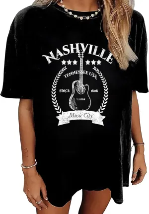 Vintage Oversized Tshirts for Women Graphic Tees Short-Sleeve Retro Country Music Shirts Nashville Tshirt Loose Fit