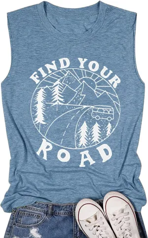 Women Find Your Road T-Shirt Cute Sayings Graphic Short Sleeve Tees Casual Round Neck Athletic Tops