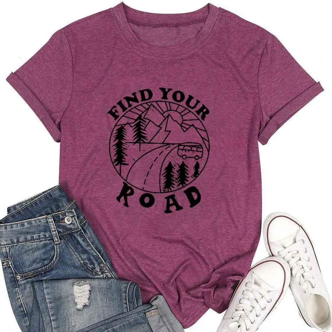 Women Find Your Road T-Shirt Cute Sayings Graphic Short Sleeve Tees Casual Round Neck Athletic Tops