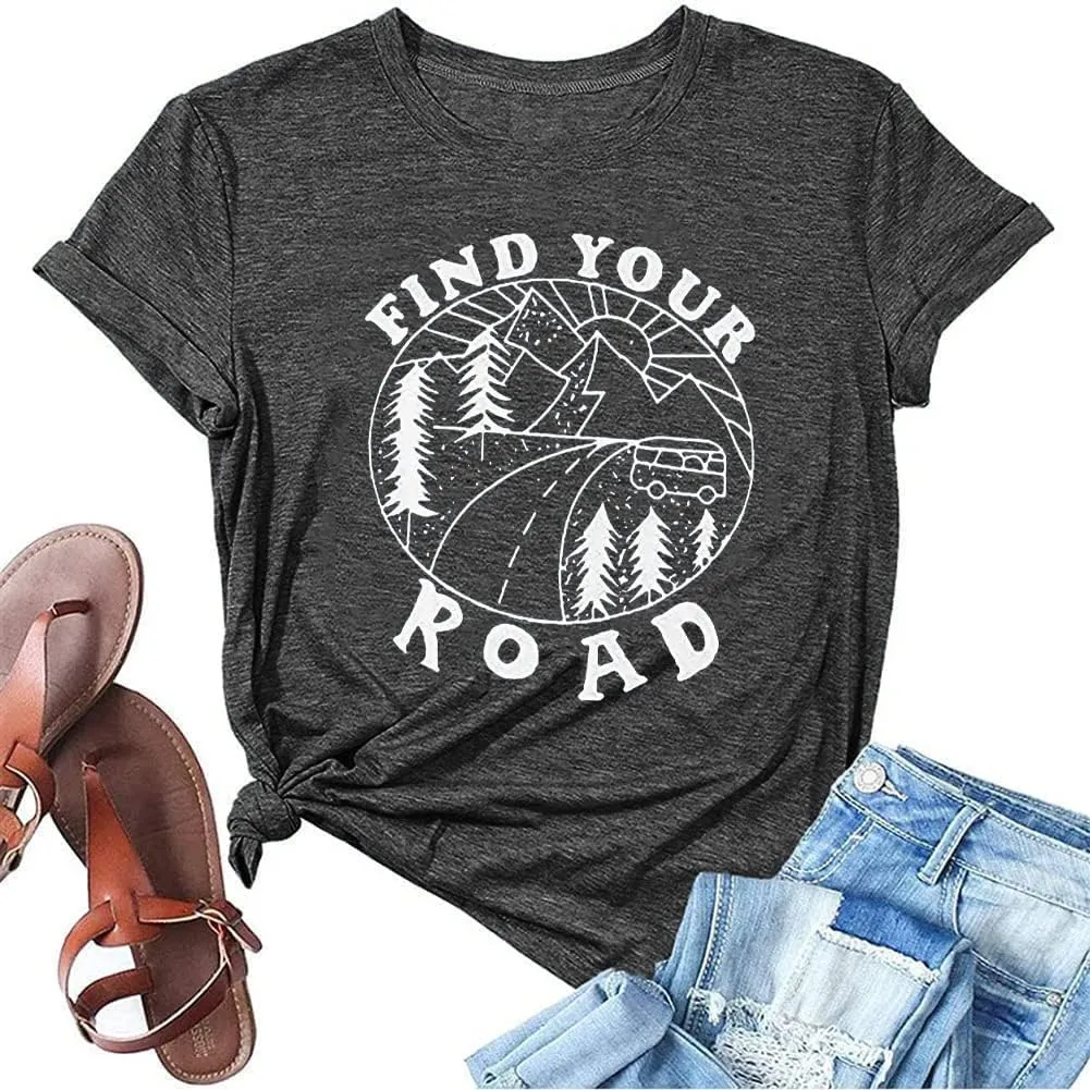 Women Find Your Road T-Shirt Cute Sayings Graphic Short Sleeve Tees Casual Round Neck Athletic Tops