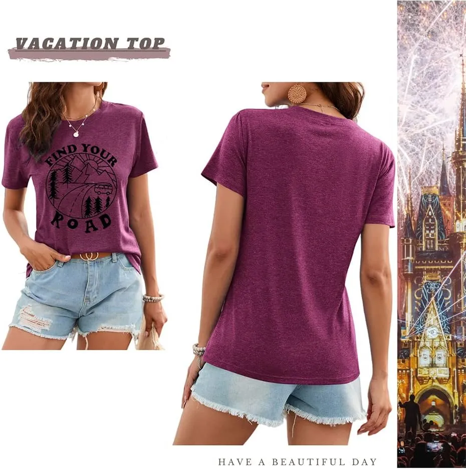 Women Find Your Road T-Shirt Cute Sayings Graphic Short Sleeve Tees Casual Round Neck Athletic Tops