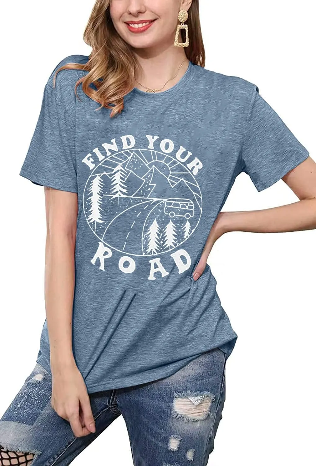 Women Find Your Road T-Shirt Cute Sayings Graphic Short Sleeve Tees Casual Round Neck Athletic Tops