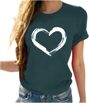 Women Love Heart Graphic Tees Shirt Short Sleeve Tops Tshirts Regular Fit Tunic Blouse Cute Funny Gift Clothes 2023