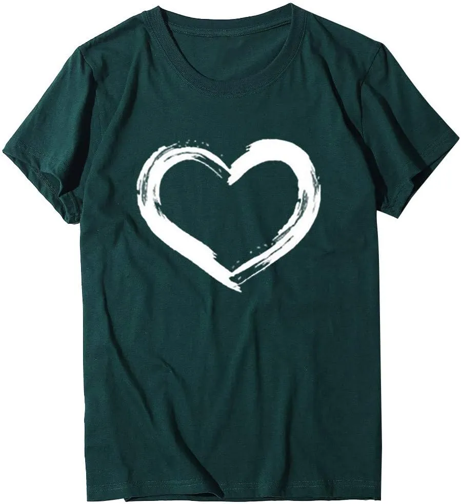Women Love Heart Graphic Tees Shirt Short Sleeve Tops Tshirts Regular Fit Tunic Blouse Cute Funny Gift Clothes 2023