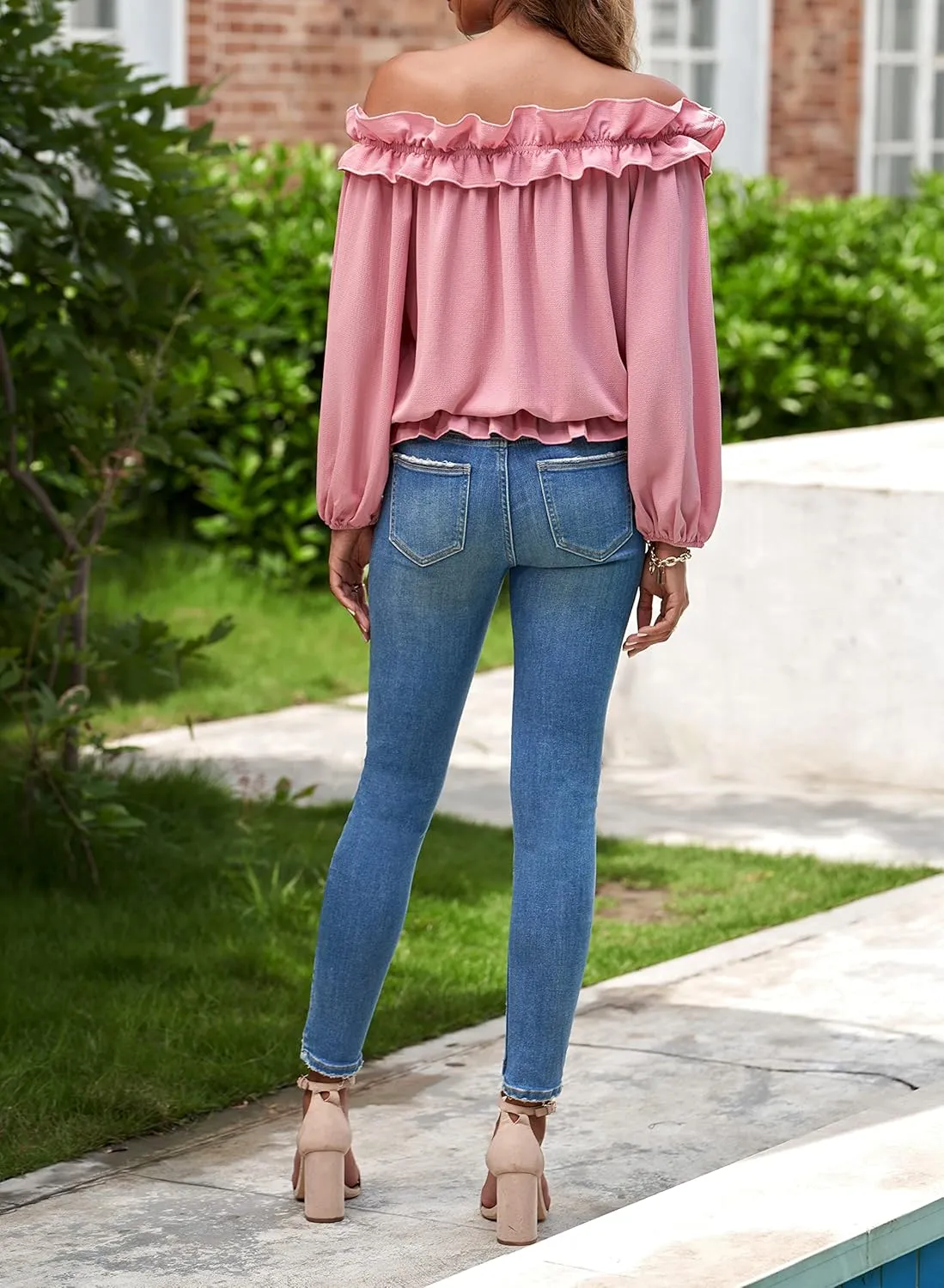 Womens Casual Off Shoulder Tops Long Sleeve Ruffle Flowy Chiffon Blouses Shirts