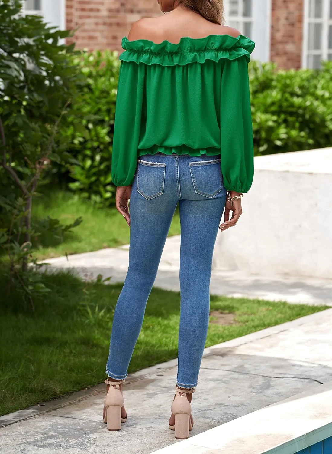 Womens Casual Off Shoulder Tops Long Sleeve Ruffle Flowy Chiffon Blouses Shirts