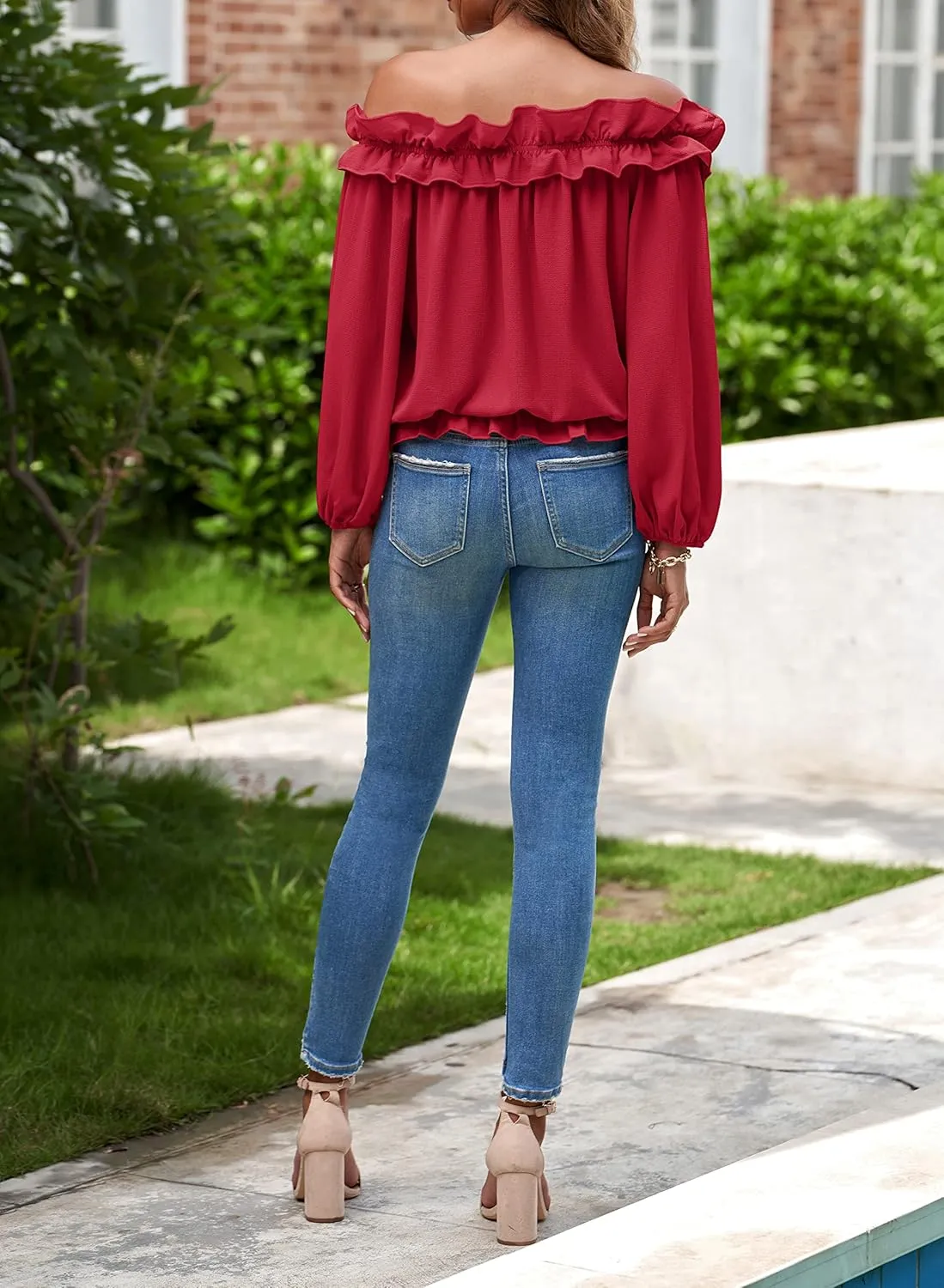 Womens Casual Off Shoulder Tops Long Sleeve Ruffle Flowy Chiffon Blouses Shirts