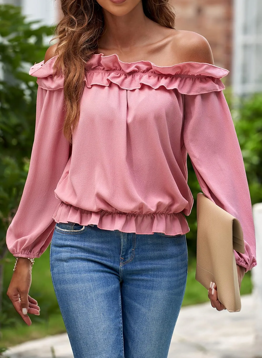 Womens Casual Off Shoulder Tops Long Sleeve Ruffle Flowy Chiffon Blouses Shirts