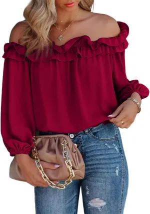 Womens Casual Off Shoulder Tops Long Sleeve Ruffle Flowy Chiffon Blouses Shirts