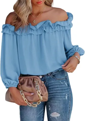 Womens Casual Off Shoulder Tops Long Sleeve Ruffle Flowy Chiffon Blouses Shirts