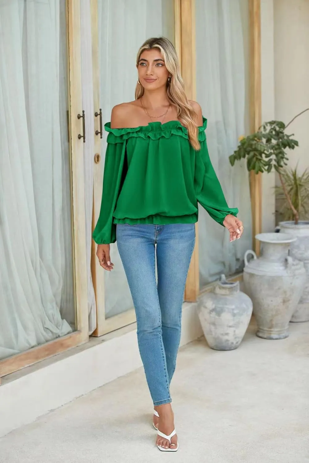 Womens Casual Off Shoulder Tops Long Sleeve Ruffle Flowy Chiffon Blouses Shirts