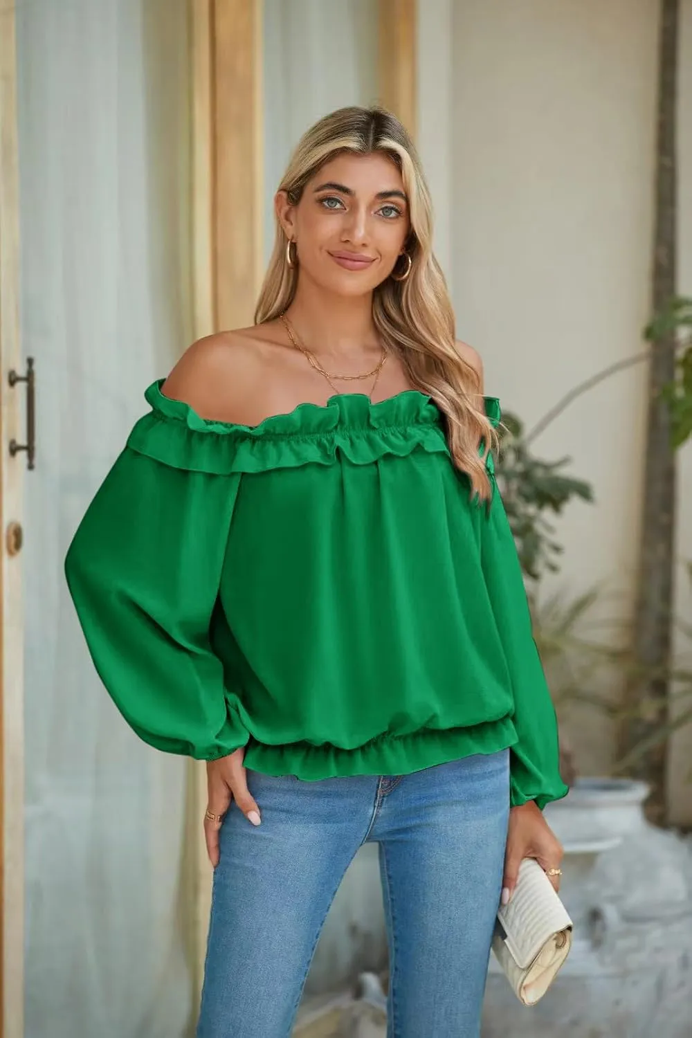 Womens Casual Off Shoulder Tops Long Sleeve Ruffle Flowy Chiffon Blouses Shirts