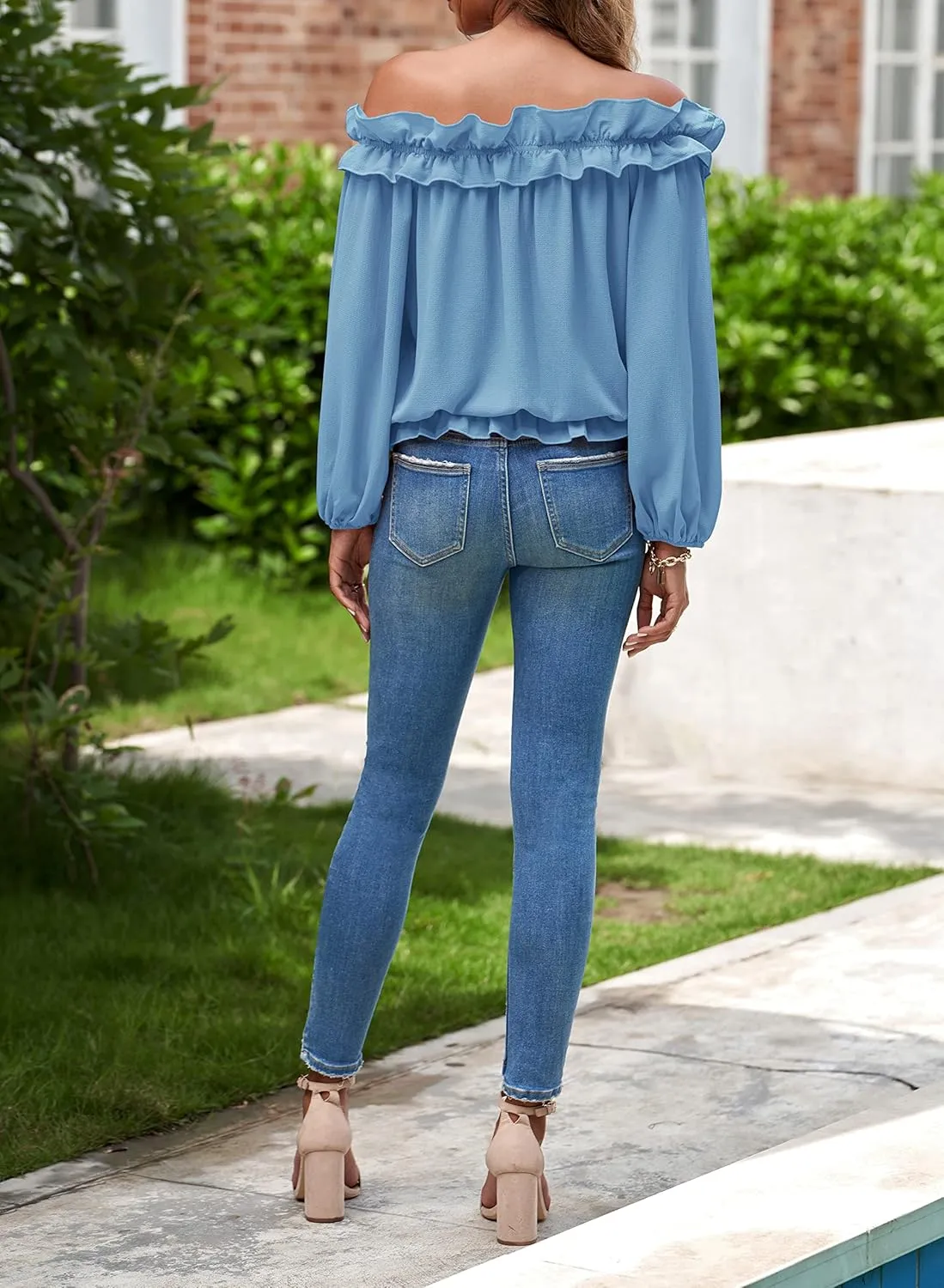 Womens Casual Off Shoulder Tops Long Sleeve Ruffle Flowy Chiffon Blouses Shirts