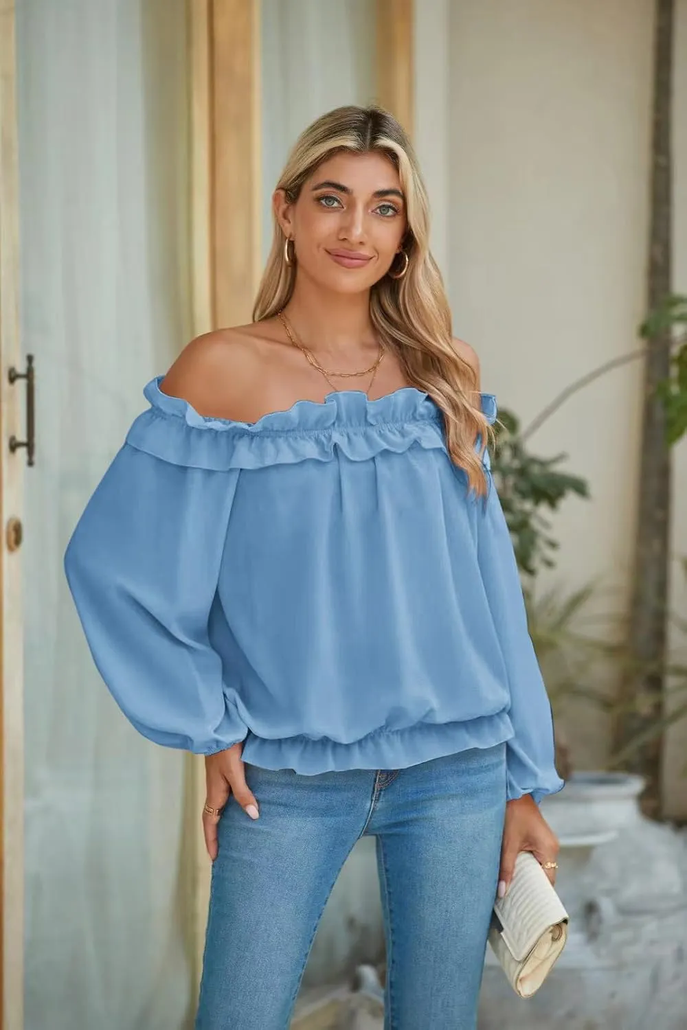 Womens Casual Off Shoulder Tops Long Sleeve Ruffle Flowy Chiffon Blouses Shirts