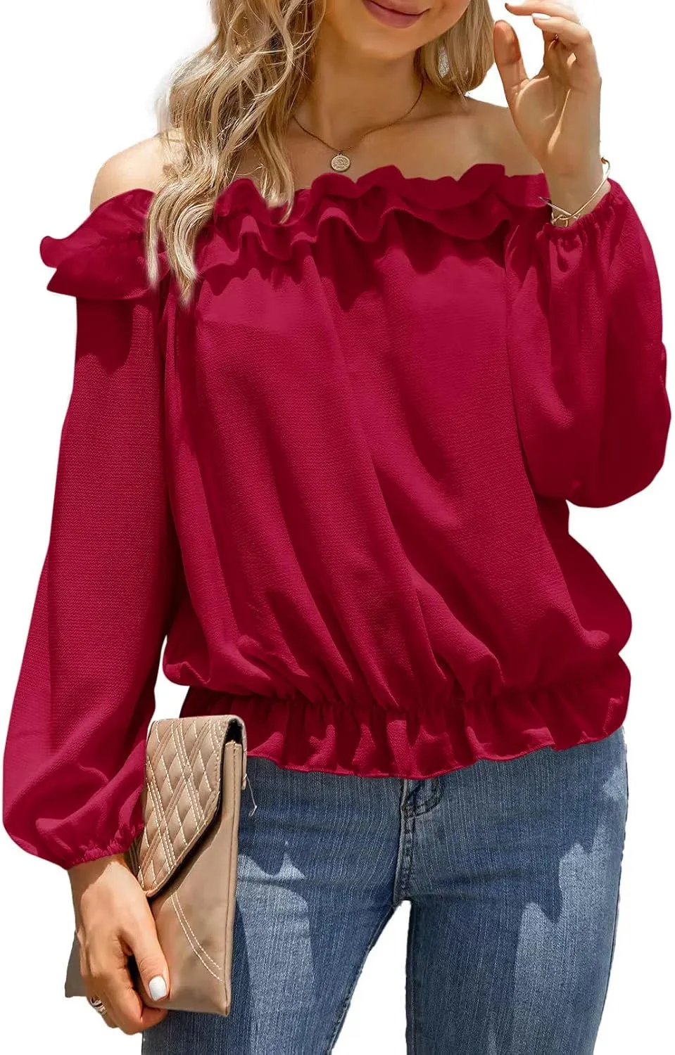 Womens Casual Off Shoulder Tops Long Sleeve Ruffle Flowy Chiffon Blouses Shirts
