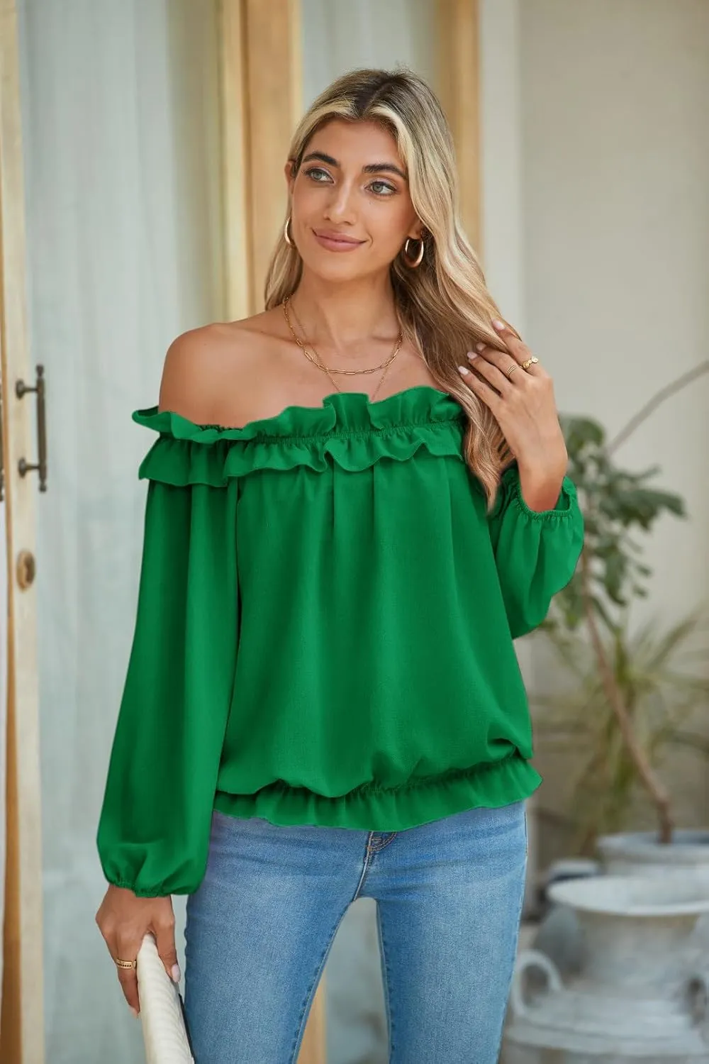 Womens Casual Off Shoulder Tops Long Sleeve Ruffle Flowy Chiffon Blouses Shirts