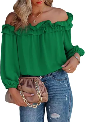Womens Casual Off Shoulder Tops Long Sleeve Ruffle Flowy Chiffon Blouses Shirts