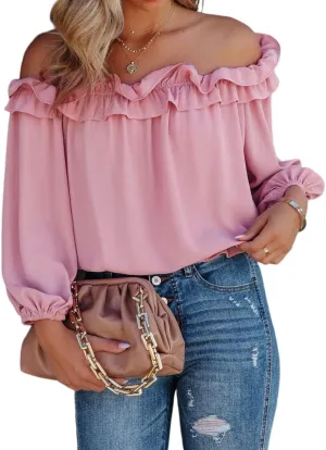 Womens Casual Off Shoulder Tops Long Sleeve Ruffle Flowy Chiffon Blouses Shirts