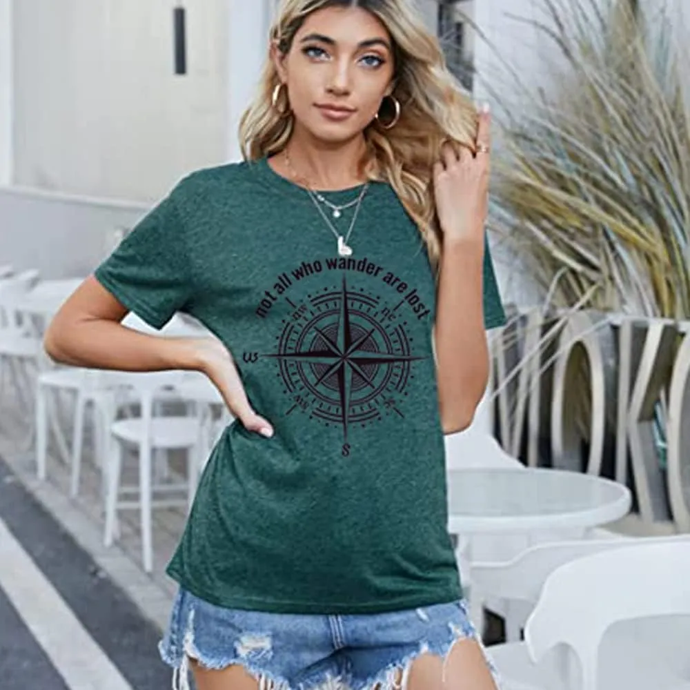 Womens Graphic T-Shirt Not All Who Wander are Lost Funny Tees for Women Summer Casual Tops Athletic Shirts
