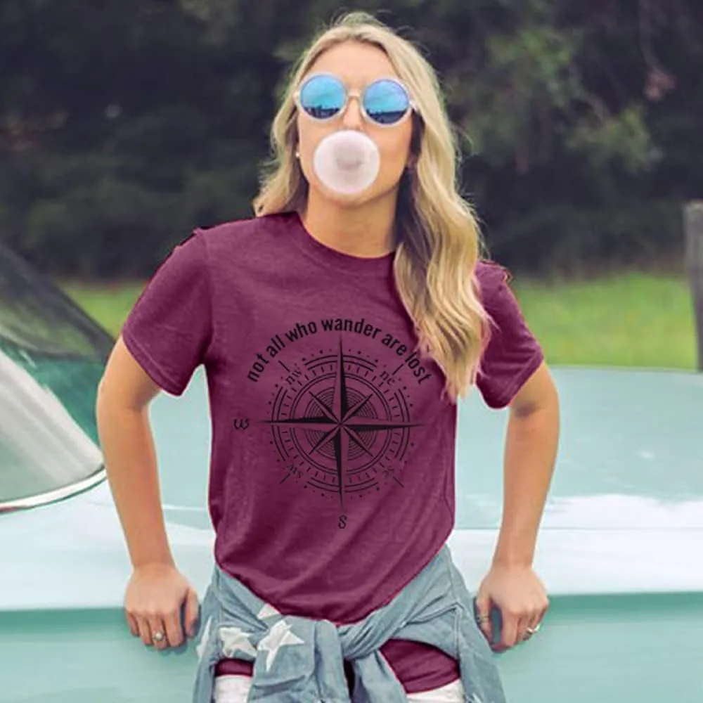 Womens Graphic T-Shirt Not All Who Wander are Lost Funny Tees for Women Summer Casual Tops Athletic Shirts