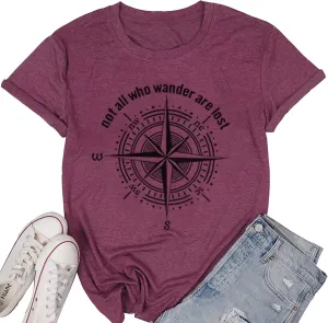 Womens Graphic T-Shirt Not All Who Wander are Lost Funny Tees for Women Summer Casual Tops Athletic Shirts
